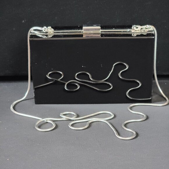 Rachel Zoe Box of Style Black Acrylic Clutch Crossbody | Silver Chain Strap - Picture 4 of 9